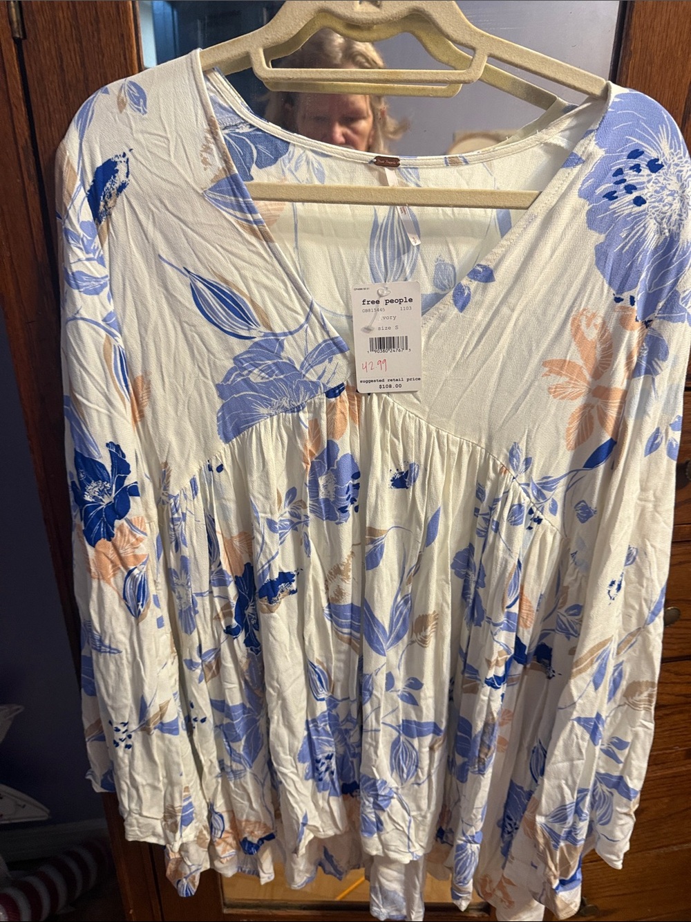 Free People Cream Floral V-Neck Tunic with Blue and Peach Prints